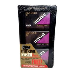3 Maxwell VHS-C TC-30 HGX Gold Premium High Grade Video Tapes w/ Storage Case